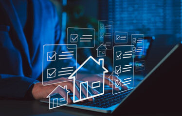 Real Estate Property Management and Checklist Concept. Person working with icons of houses and...