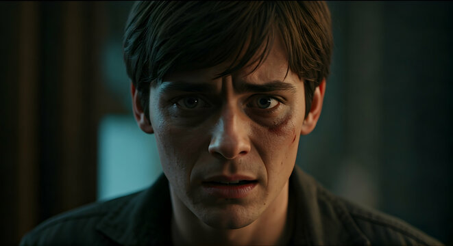 Close-up of a man with an intense and worried expression and facial marks conveying a dramatic narrative use for suspenseful movie posters or psychological drama advertisements