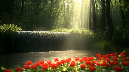 Sunlit Waterfall Cascading into Pond with Red Flowers