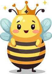 Cute Cartoon Queen Bee Character with Crown and Sparkles – Kawaii Style Vector for Kids and Nursery Design