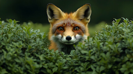Red Fox Peeking Out From Lush Green Foliage, Intense Gaze, Wildl