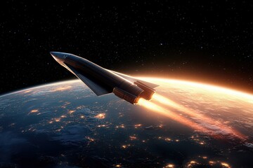 Obraz premium Rocket Launching into Space Above Earth with Bright Burning Flames