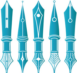 Fototapeta premium Five blue fountain pen nibs with white accents writing instruments calligraphy