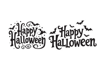 Happy Halloween black lettering with flying bats and decorative elements