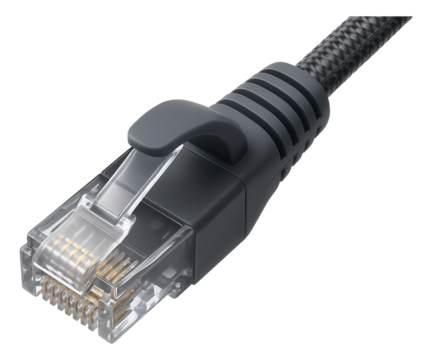 A compact Ethernet cable connector with protective boots for a secure internet connection in a home office.