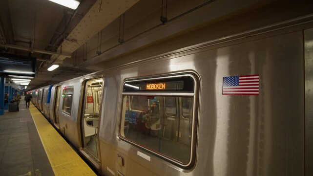 Commuters standing on crowded subway platform, awaiting Hoboken train pulling into busy transit station during rush hour, New York, 10.20.2024