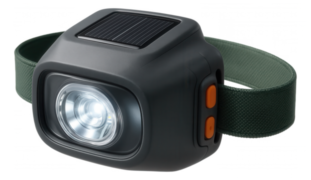 A headlamp with a solar charging option, perfect for eco-friendly use during camping trips.
