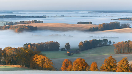 Autumnal Fog Blankets Rolling Hills and Solitary Farmhouse