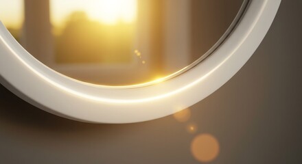 夕日輝く、白枠の丸鏡、穏やかな光が反射する. AI Generated