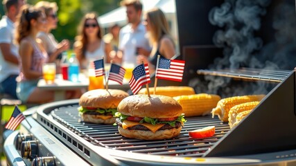 Delicious Barbecue Grill with Burgers and Corn at Summer Picnic