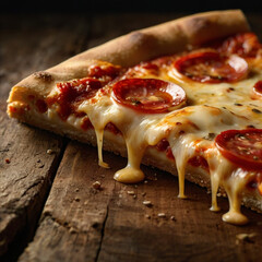 A delicious slice of pizza showing gooey, stretchy melted cheese being pulled apart. Fresh and tasty.