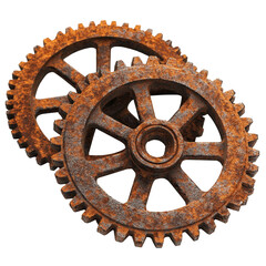 Two rusty gears meshing together industrial antique metal parts