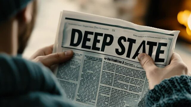 Man reading a newspaper with the headline deep state
