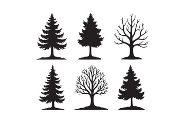 Obraz premium Collection of black silhouette evergreen and deciduous trees on a white background