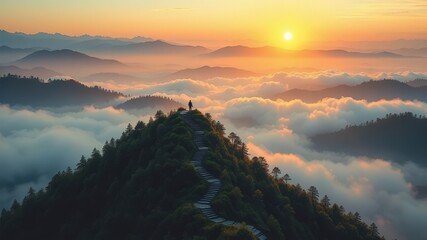 Obraz premium Serene Mountain Landscape at Sunrise with Clouds and Hiker View