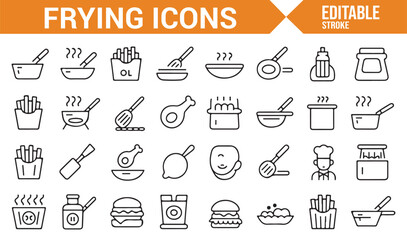 Collection of Frying Icons for Kitchen and Restaurant Illustrations