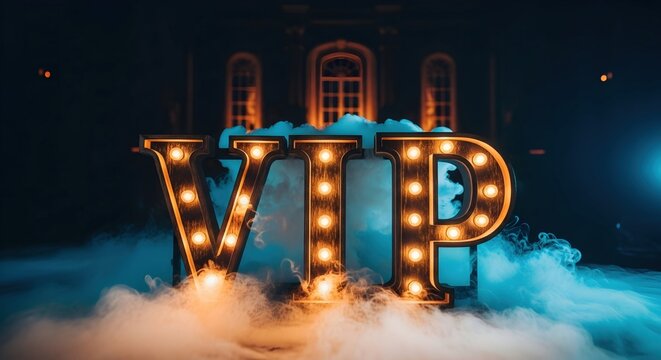 Large letter sign VIP with glowing light bulbs and blue smoke coming from the bottom. Casino and show business concept.