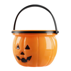 Orange plastic pumpkin candy bucket with black handle and face