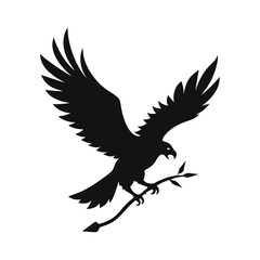 Eagle carrying a branch in its talons mid-flight in silhouette