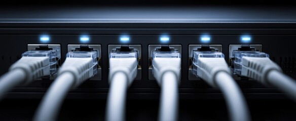 The network router with multiple connected ethernet cables and illuminated status lights.