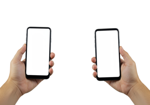 Two adult hands with neutral skin tone holding sleek black smartphones with luminous white screens, against a pristine transparent background with ample copy space and soft studio lighting, modern - Powered by Adobe
