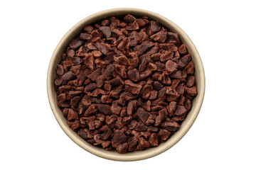 Fototapeta premium Raw cacao nibs spreading across rustic ceramic bowl, revealing rich chocolate flavor and nutritional benefits for gourmet cooking and baking