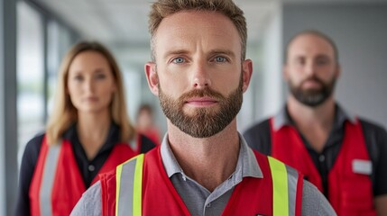 emergency response team in safety vests in a modern office environment symbolizing organized readiness