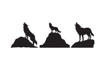 Silhouetted wolves howling on rocky outcrops against white background