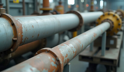 Close-up of metallic industrial pipes in a manufacturing facility.