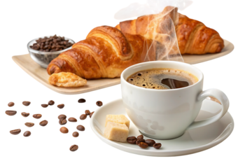 A cup of coffee with croissant on plate PNG Image