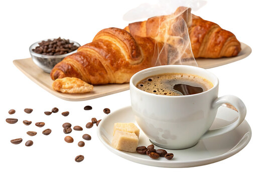A cup of coffee with croissant on plate PNG Image - Powered by Adobe