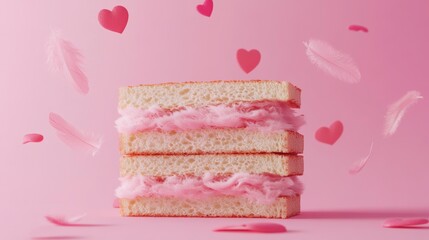 Pink cotton candy sandwich layers with hearts and feathers on pink background.