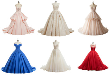 Obraz premium A selection of ball gowns in different colours, displayed on mannequins.