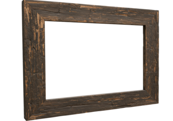 A rectangular frame crafted from weathered, dark brown wooden planks with rough texture, grain, scratches, and corner damage, enclosing a transparent space, isolated on a bright white background with
