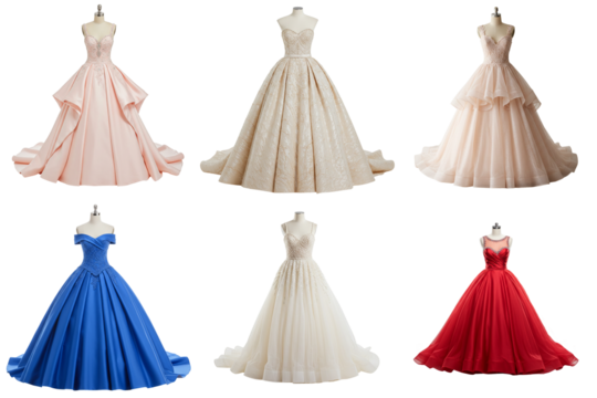A selection of ball gowns in different colours, displayed on mannequins.
