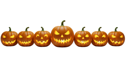 Eight meticulously carved Halloween jack-o'-lanterns, orange pumpkins with unique intricate faces glowing warmly, arranged in a graduated horizontal row on a transparent background with soft