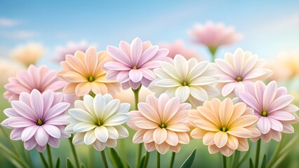 Pastel pink, orange, white, and yellow daisies in a lush summer garden