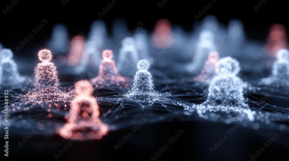 Poster a cluster of illuminated figures symbolizes digital connections in a vast network. different colors 