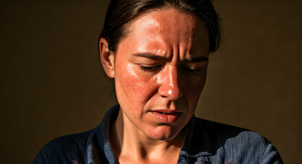 A woman's face shows severe sunburn and discomfort. Ideal for conveying pain or skin issues. Use for medical content or health awareness campaigns to highlight dermatological problems.