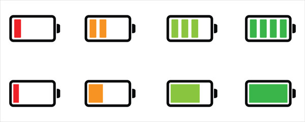 Battery Charge Level Icons Vector – Colorful Energy Symbols from Low to Full on White Background