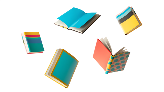  colorful hardcover books flying isolated on white background PNG, AI GENERATED