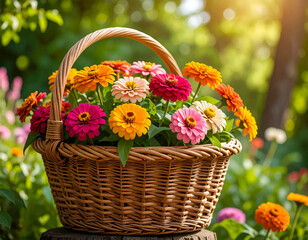 Colorful Zinnias in Wicker Basket in Sunny Garden