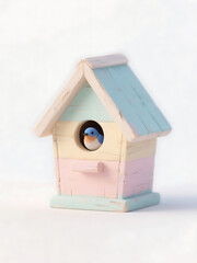 Pastel-colored wooden birdhouse with a small blue bird peeking from the entrance hole, springtime home sweet home concept, cute bird in cottagecore style birdhouse
