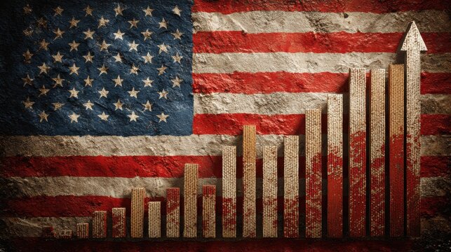 A rising bar graph symbolizes economic growth, displayed prominently against the textured background of the American flag. This visual highlights financial progress and patriotism. - Powered by Adobe