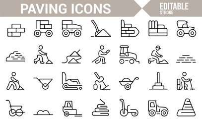 Vector Icons of Machinery, Workers, and Paving Materials for Construction