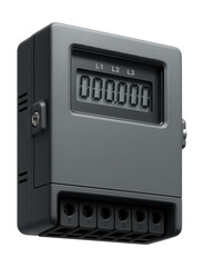 Three-phase electricity meter with a digital display for monitoring residential energy consumption in a private house.