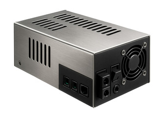 Obraz premium Switching power supply housed in a metal case for enhanced durability in a garage workspace.