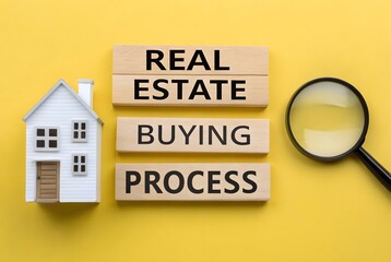 Real estate buying process concept. Wooden blocks, magnifying glass and miniature houses. Buy housing, a house or an apartment.