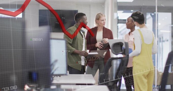 Finance team reacting to falling red graph overlay and exchanging papers while discussing data