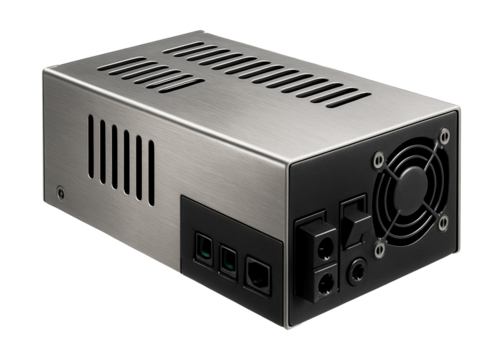 Switching power supply housed in a metal case for enhanced durability in a garage workspace.